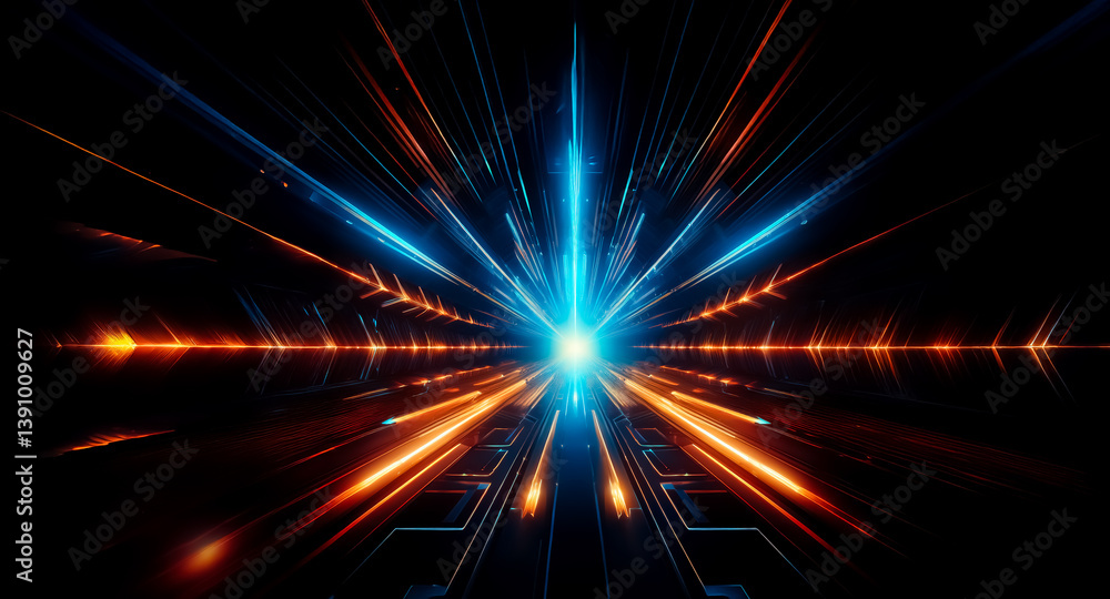 Canvas Prints abstract blue and orange rays burst from center on black. dynamic, futuristic light effect suggestin