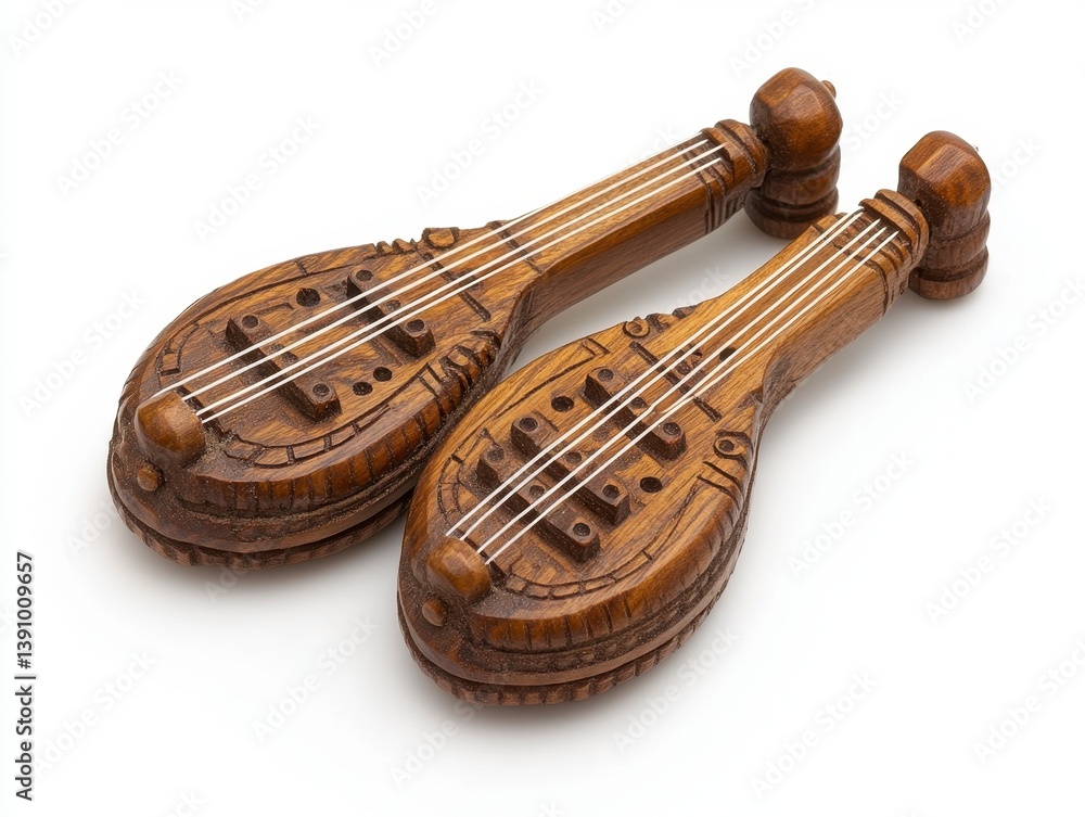 Poster pair of intricately carved wooden toy sitars with strings detailed craftsmanship isolated on a clean