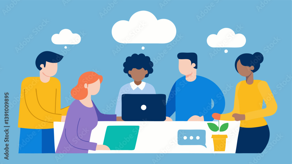 Poster collaborative brainstorming a diverse team of professionals gathered around a table pointing at a la