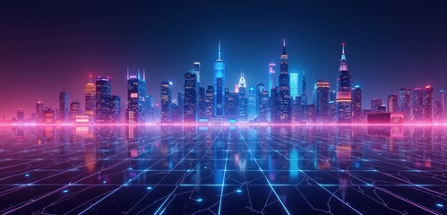 Obraz premium A futuristic city skyline illuminated by neon lights, symbolizing innovation and technology. Ideal for projects related to urban development, tech, or digital transformation.