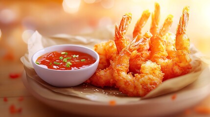Creative ebi fry from Japan with crispy battered shrimp and a tangy dipping sauce captured in a dynamic high resolution street food style