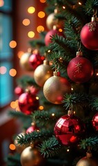 Festively adorned Christmas tree with red and gold ornaments, creating a warm holiday atmosphere perfect for seasonal marketing and decorations.