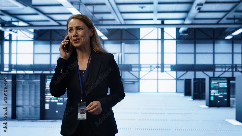 Poster software engineer talking on smartphone in data center, coordinating server maintenance tasks. woman