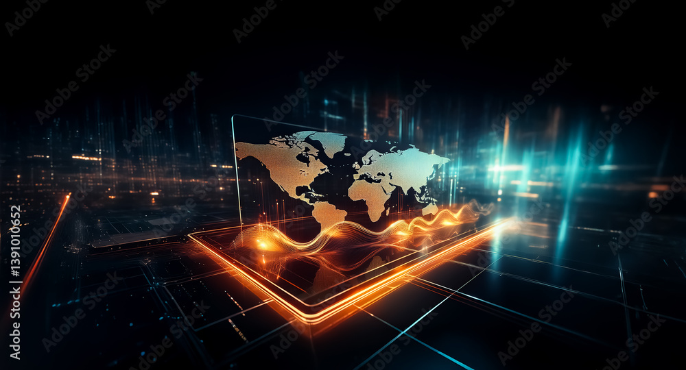 Poster futuristic digital world map with glowing continents is displayed on a reflective platform in a dark