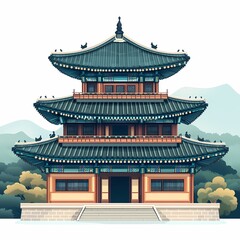 Explore the Majestic Traditional Asian Pagoda Architecture Against Scenic Mountain Backdrop - A Cultural Landmark and Historical Heritage Site