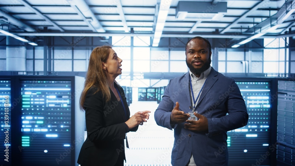 Poster teamworking colleagues looking at holograms in data center, working together. server hub it staff me
