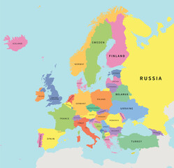 Colored Map of Europe with Country Names