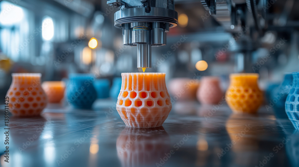 Poster vivid 3d printer nozzle creating intricate multicolored vases in a modern workspace under bright lig