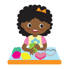 Cute little  girl sitting at a table sculpting from colored clay vector cartoon illustration