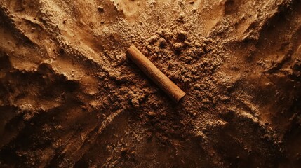 Cinnamon stick on ground cinnamon powder, overhead shot, spice background, food photography