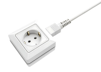 White electric outlet assembly. Electric plug with a cable connected to the white socket. Isolated on a transparent background. Copy space. PNG. 3d illustration.