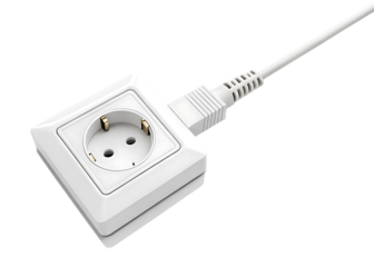 White electric outlet assembly. Electric plug with a cable connected to the white socket. Isolated on a transparent background. Copy space. PNG. 3d illustration.