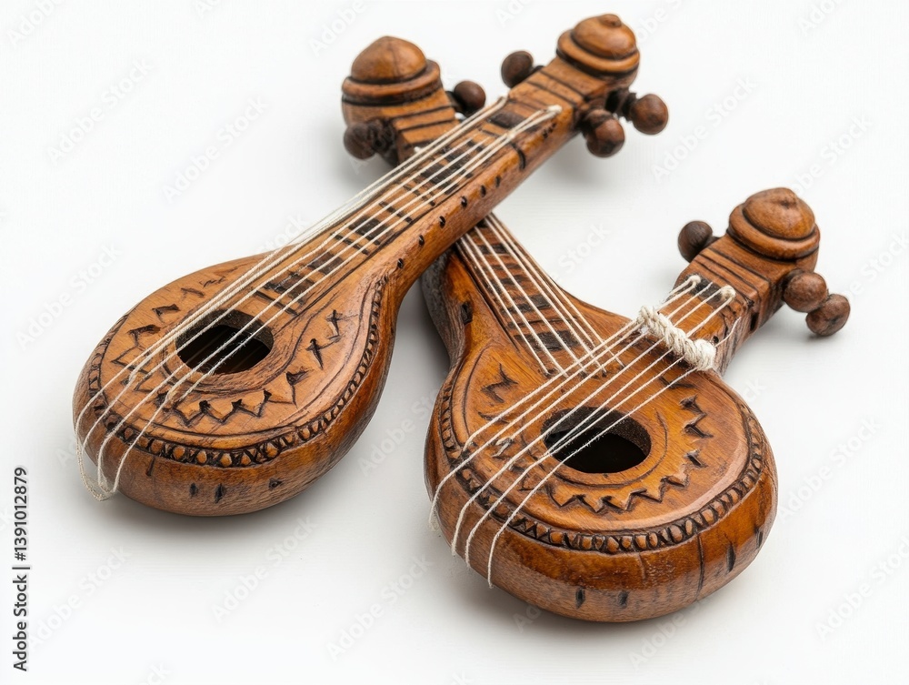Poster wooden toy sitar pair isolated on white background with intricate carvings and strings
