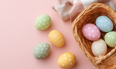 Obraz premium Soft pink background with pastel Easter eggs in green, yellow, pink and blue, Generative AI