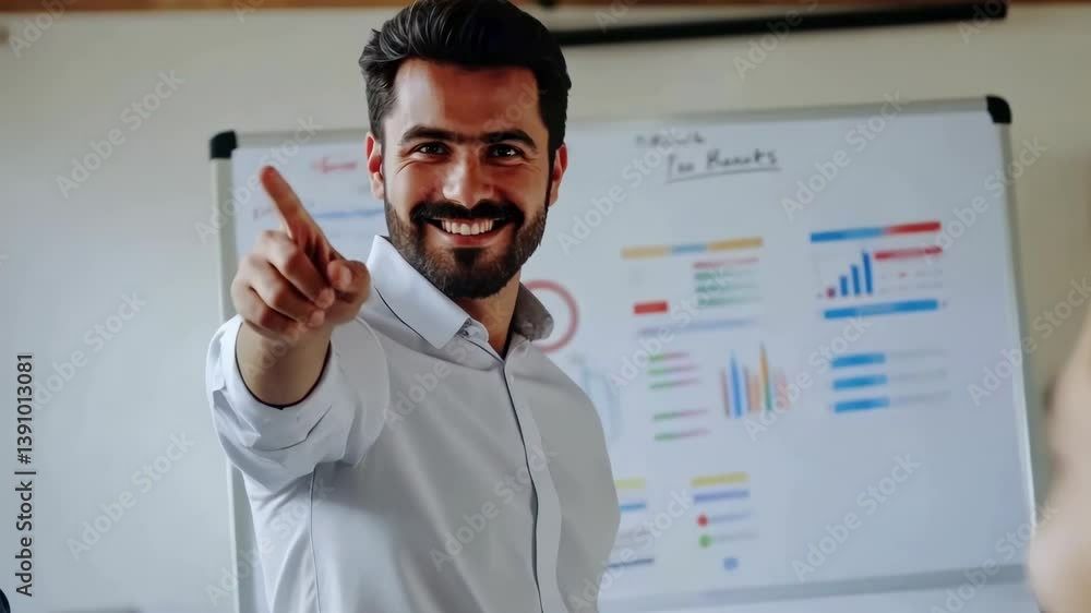 Poster A smiling man presents with confidence in a modern office setting, pointing towards his audience. Charts and a clock adorn the whiteboard, adding a layer of visual information to the discussion.