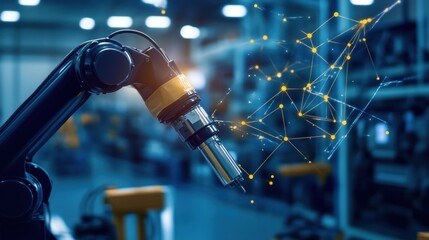 Industrial robot arm with connected data overlay in a factory.