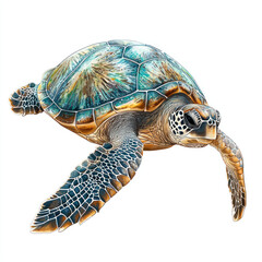 Fototapeta premium A vibrant sea turtle with intricate shell patterns and detailed textures, swimming gracefully on white background