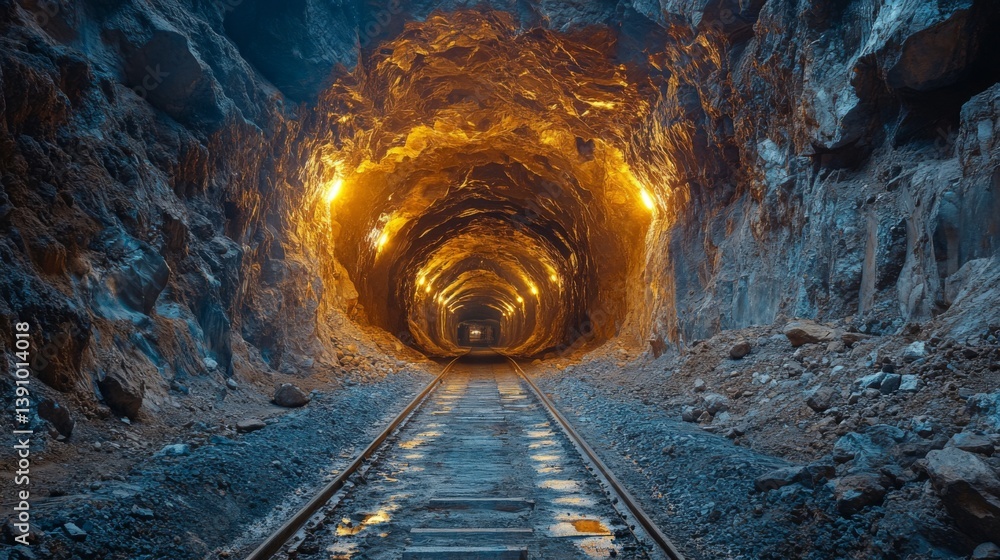 Poster cavernous underground tunnel showcasing illuminated rock formations and railway tracks used for tran