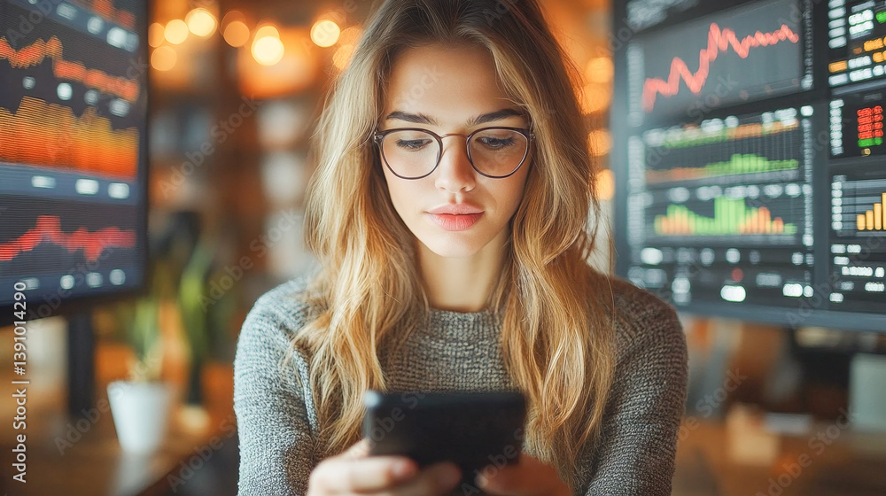 Leinwandbilder a woman with glasses is focused on her smartphone, engaging in mobile banking. multiple screens behi