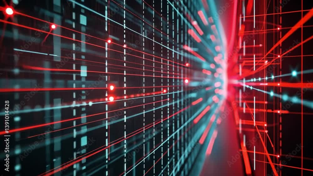 Poster vibrant digital background with red and blue lines creating depth and movement, evoking futuristic t