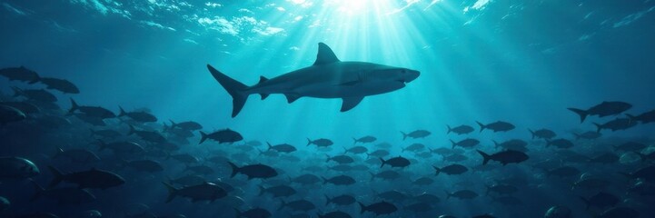 Fototapeta premium Silhouette of shark above a large school of small fish, sunset, wildlife photography