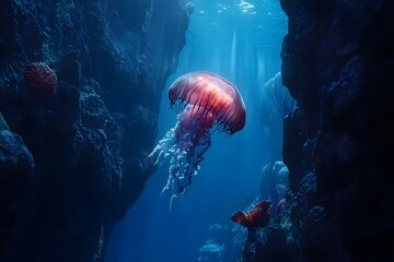 Fototapeta premium Jellyfish floats ocean depth among rocks with sun rays shining blue aquatic seabed