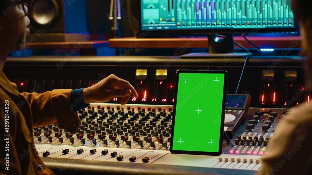 Aufkleber Diverse music experts working with greenscreen on tablet and mixing console in control room, pressing key buttons and pushing sliders. Artist and producer creating a hit song in studio. Camera A.