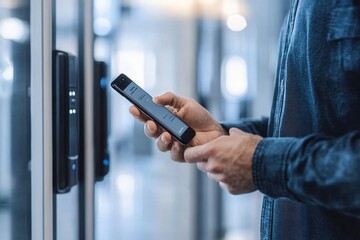 Man uses his smartphone to access a secure area, highlighting modern security technology and mobile access solutions.