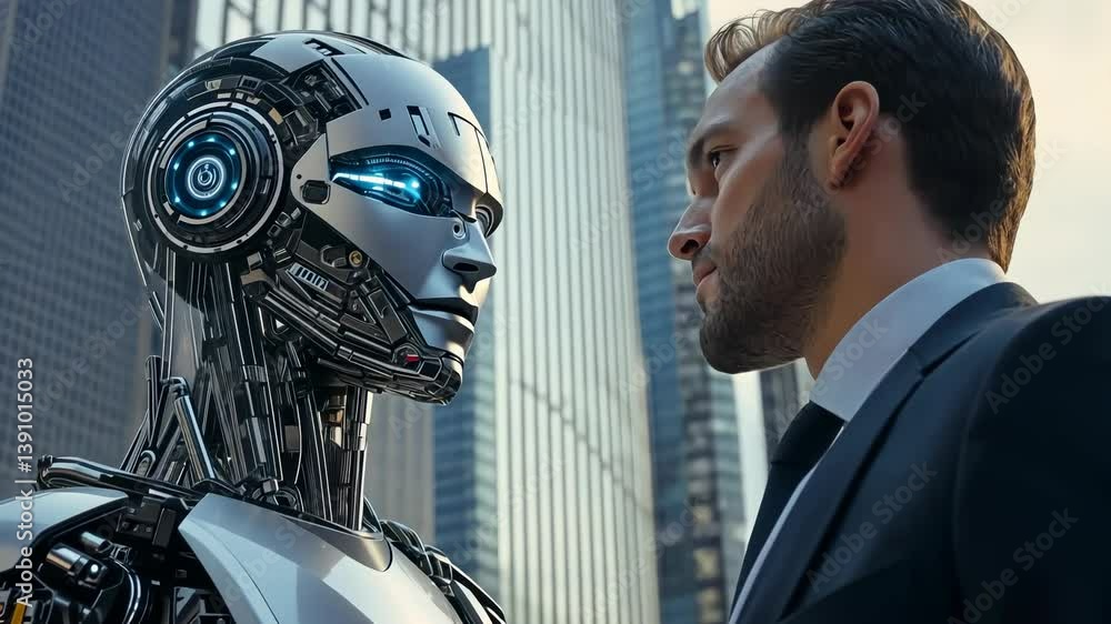 Aufkleber a human businessman confronts a futuristic robot head in a modern urban setting. the image explores 