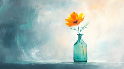 Single orange flower in a blue glass vase against a painted background.