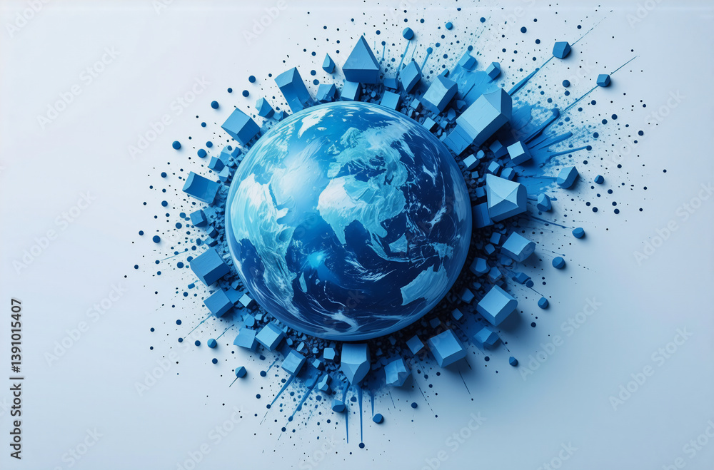 Poster abstract blue globe surrounded by geometric shapes exploding outwards, creating a dynamic and modern
