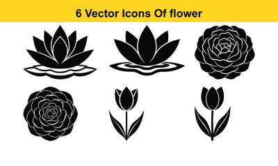 Vector set of black and white flowers. 6 set of vector flower isolated on white background.