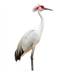 Obraz premium Majestic White Crane with Red Crown Isolated on White Background in Sharp Focus Detailed Plumage and Elegant Posture
