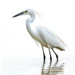 Obraz premium Elegant White Heron Wading in Shallow Water with Reflections Isolated on White Background Featuring Detailed Feathers and a Long Beak