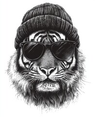 Vector Graphic of a Tiger Wearing Sunglasses and Beanie Hat with Striped Pattern on Fur in Black and White Hues