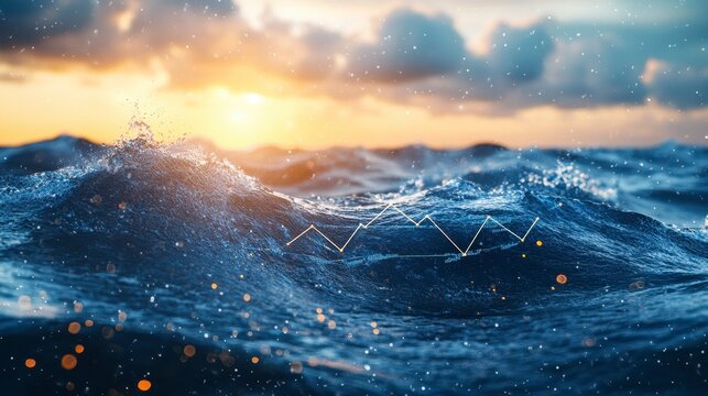 Stock Market Graph Over Ocean Waves at Sunset with Blue Water and Golden Light Effect Financial Business and Investment Concept