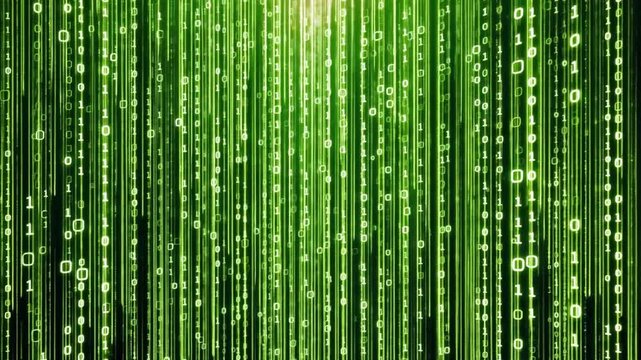 Vibrant Digital Background with Cascading Green Binary Code Futuristic Technology Scene of Glowing Numbers and Data Flow Innovation