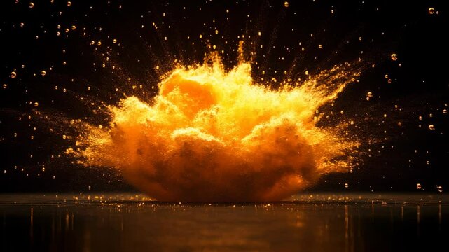 Dynamic Burst of Orange Fire Cloud Against Dark Background
