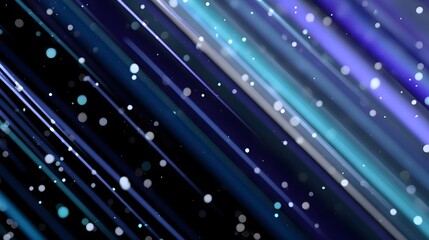 Data flow background with abstract blue and purple light beams and glowing digital particles on black background, Generative AI