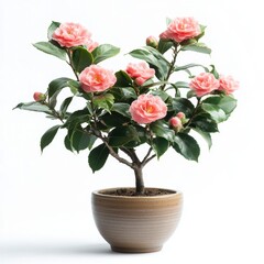 Obraz premium Small Camellia Shrub with Pink Blooms in a Ceramic Pot Isolated on a White Background with Vibrant Green Leaves