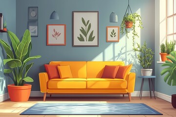 Modern Living Room Interior Design: Vibrant Decor with Indoor Plants and Sleek Furniture
