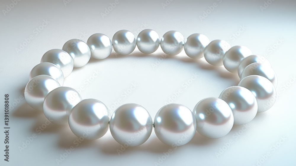 Poster a close-up of luminous pearls arranged in a symmetrical circle on a clean white surface