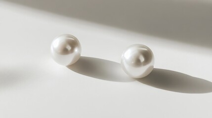 A pair of classic pearl earrings placed side by side on a pure white surface, highlighting their smooth, iridescent finish