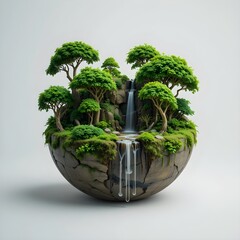 Miniature waterfall landscape serene nature bonsai trees mossy rocks concept art