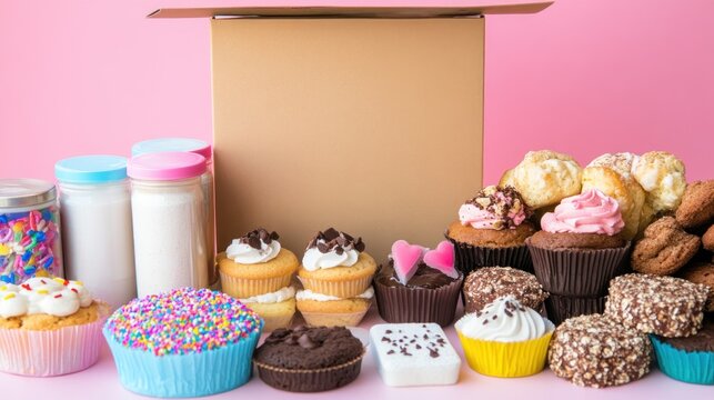 Variety of baked goods and ingredients in a cardboard box.