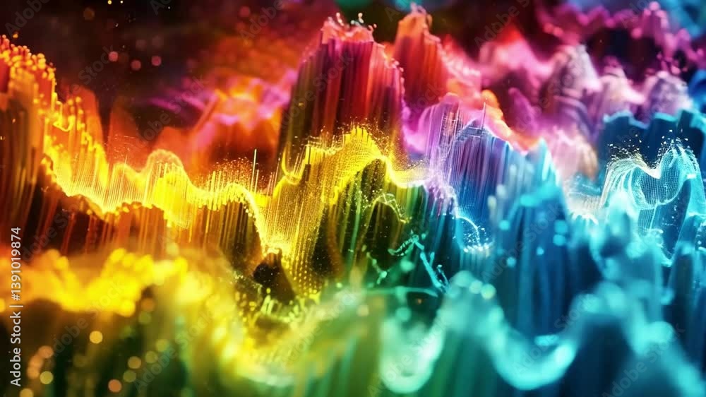 Poster colorful sound waves and vibrant abstract visuals create dynamic spectrum of audio frequencies, evok