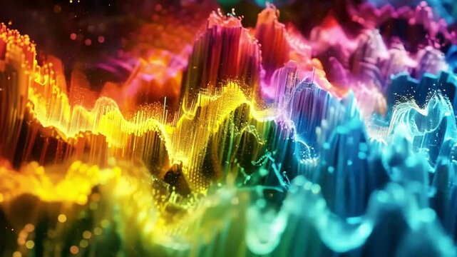 Colorful sound waves and vibrant abstract visuals create dynamic spectrum of audio frequencies, evoking energy and creativity through captivating patterns and harmonious hues.