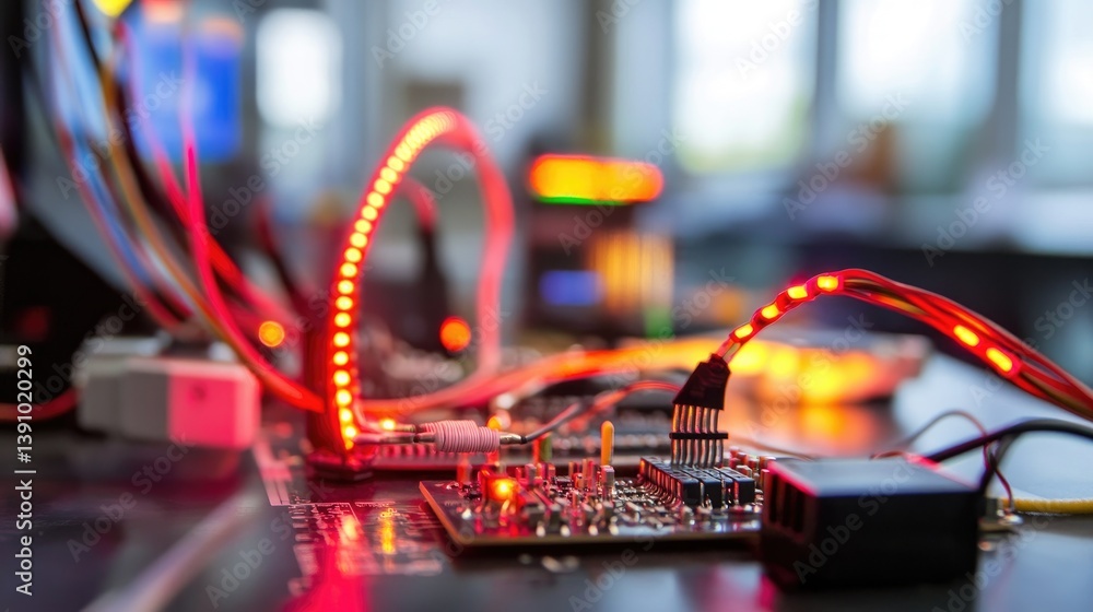 Poster breadboard setup with resistors, leds, and wires connected to microcontroller, symbolizing hands-on 