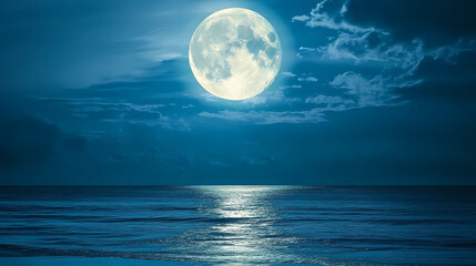 Tranquil moonlit night over calm ocean waters with reflective light and soft cloudy sky. Moonlit Brine. Illustration