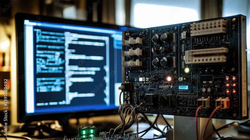 Poster circuit design layout on monitor with schematic annotations and code, no people